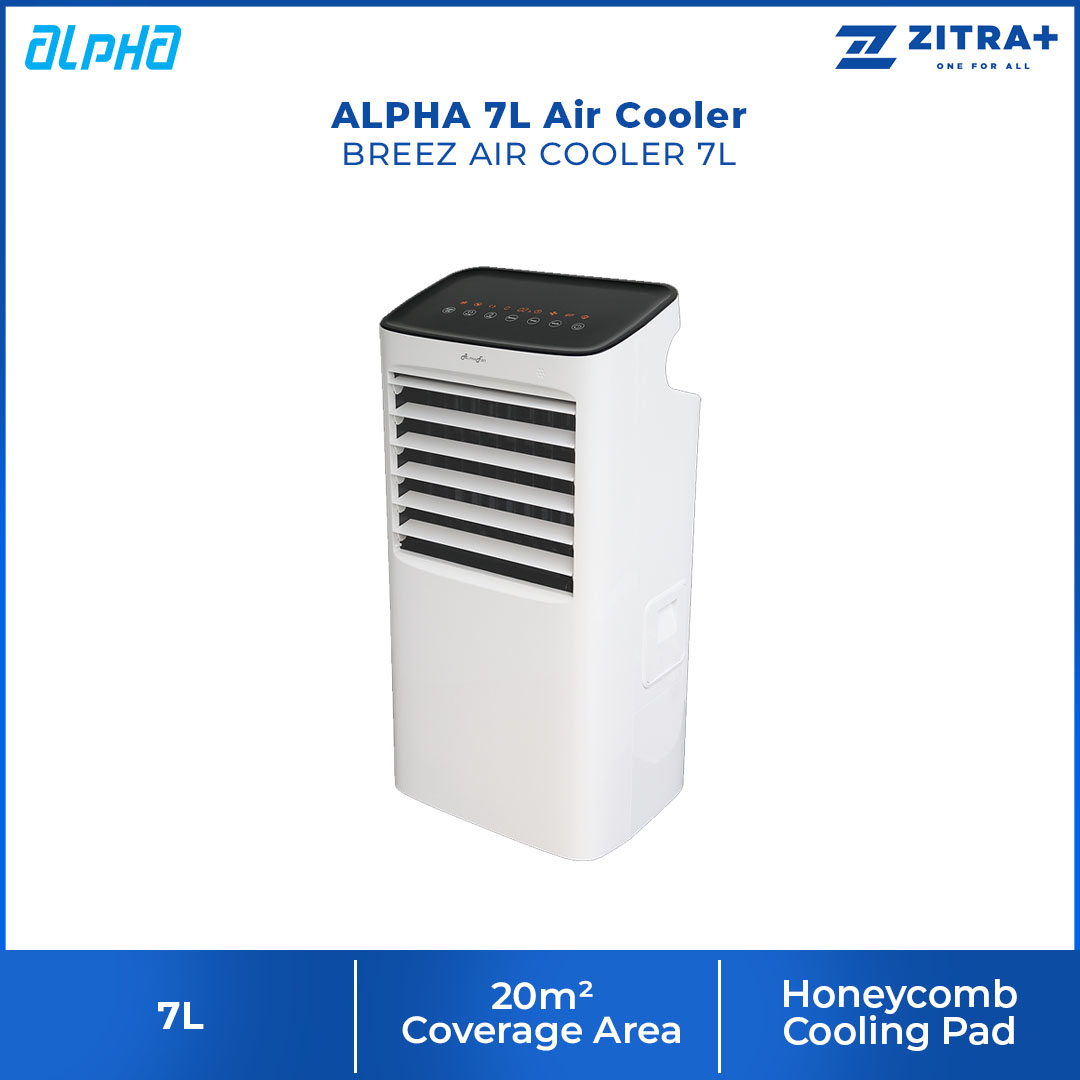 ALPHA 7L Air Cooler BREEZ AIR COOLER 7L | LED Display | Remote Control | 4 Speed | Auto Swing | 2 Ice Boxes | Timer On/Off | Wind Speed | Portable Cooler | Air Cooler with 1 Year Warranty