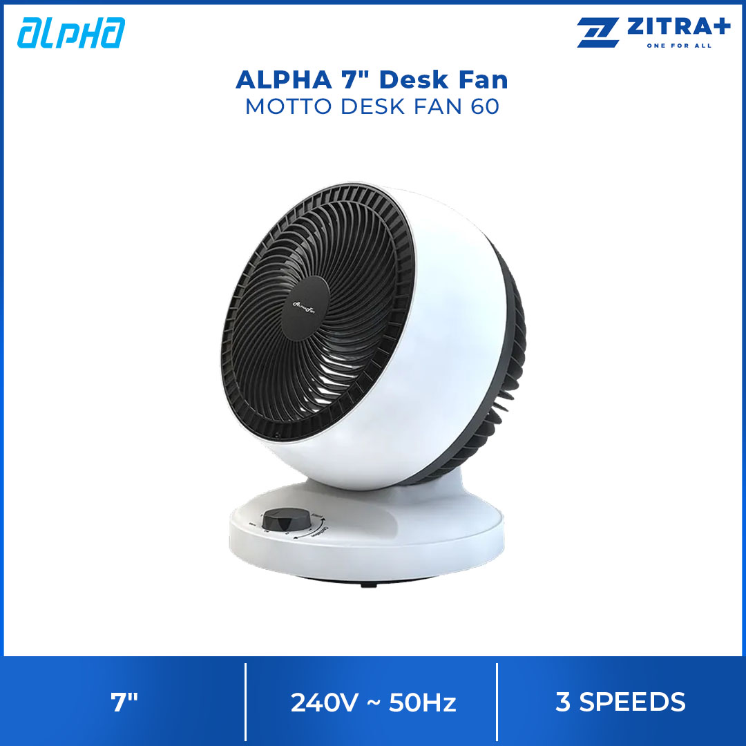 ALPHA 7" Desk Fan  MOTTO DESK FAN 60 | Auto Swing | Power : Max 30W | 3 Speed | 3 Blades | 90 Degree Vertical Oscillation | 60 Degree Horizontal Oscillation | Desk Fan with 1 Year Warranty