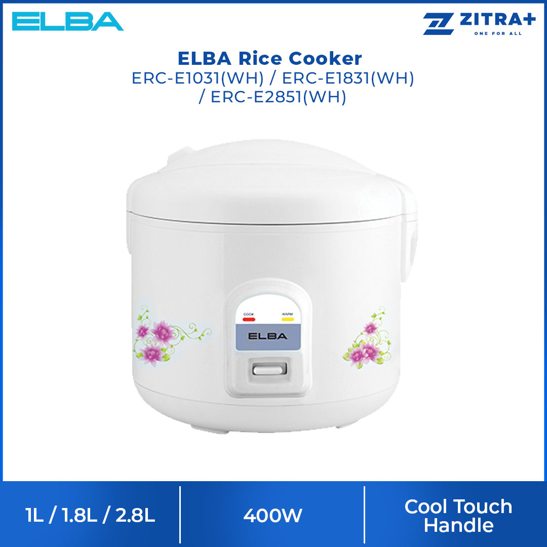 ELBA 1.0L / 1.8L / 2.8L Rice Cooker ERC-E1031(WH) / ERC-E1831(WH) / ERC-E2851(WH) | Non-stick Teflon Coated Inner Pot | Cool Touch Handle | Cook & Automatic Keep Warm | Rice Cooker with 1 Year Warranty