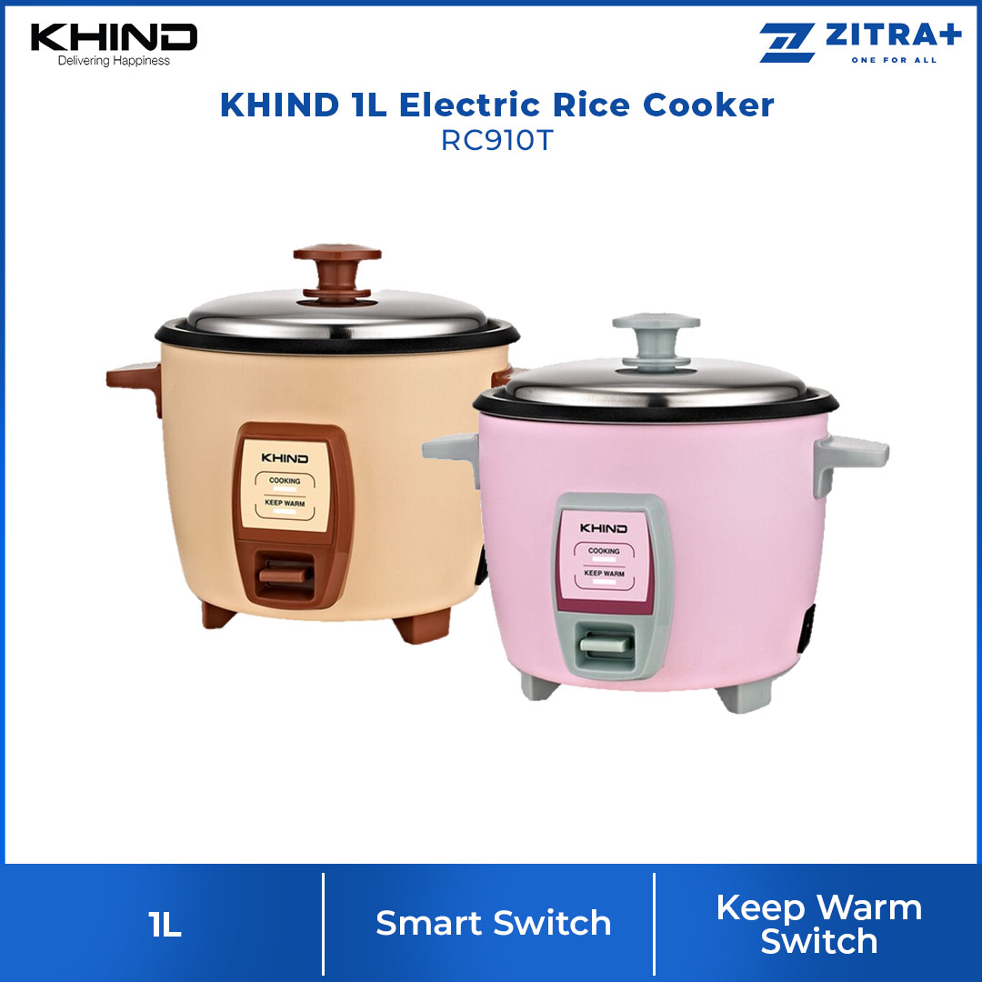KHIND 1L Electric Rice Cooker RC910T | FREE Steam Tray | Built-in Safety Thermal Fuse | Teflon Inner Pot | Cook & Keep Warm Indicator | Cool Touch Handle | Rice Cooker with 2 Years Warranty