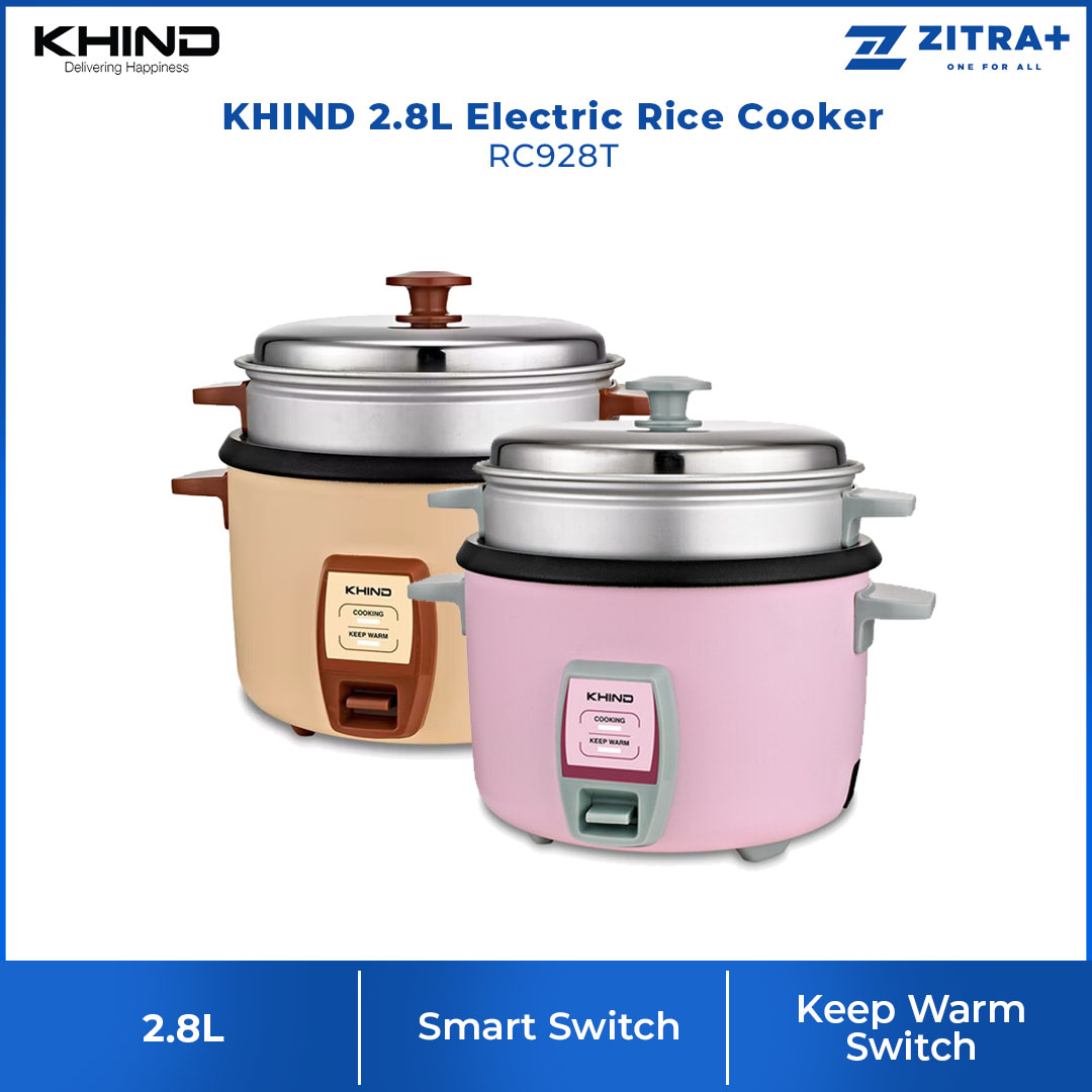 KHIND 2.8L Rice Cooker RC928T | FREE Steam Tray | Built-in Safety Thermal Fuse | Teflon Inner Pot | Cook & Keep Warm Indicator | Rice Cooker with 2 Years Warranty