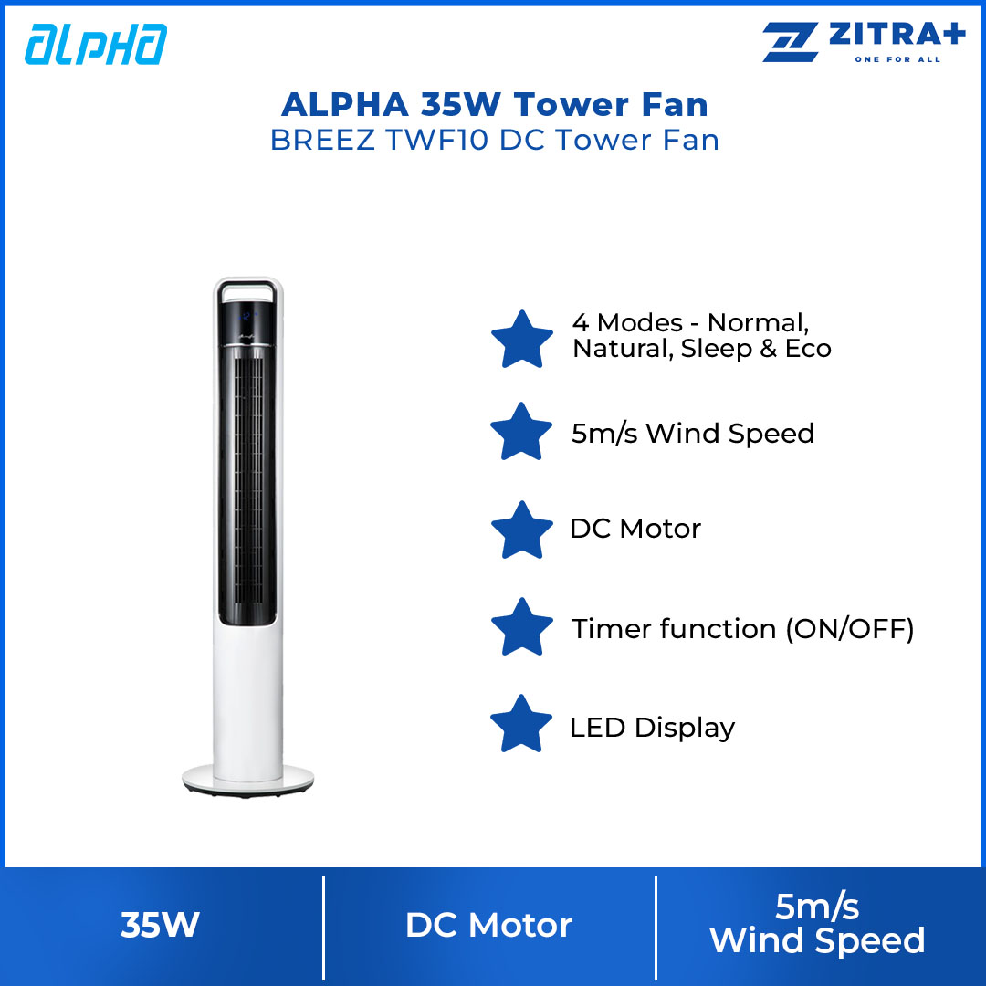 ALPHA 35W Tower Fan  BREEZ TWF10 DC Tower Fan | 12 Fan Speed | Remote Control | Timer | Touch Screen Panel | 4 Modes | Tower Fan with 1 Year Warranty