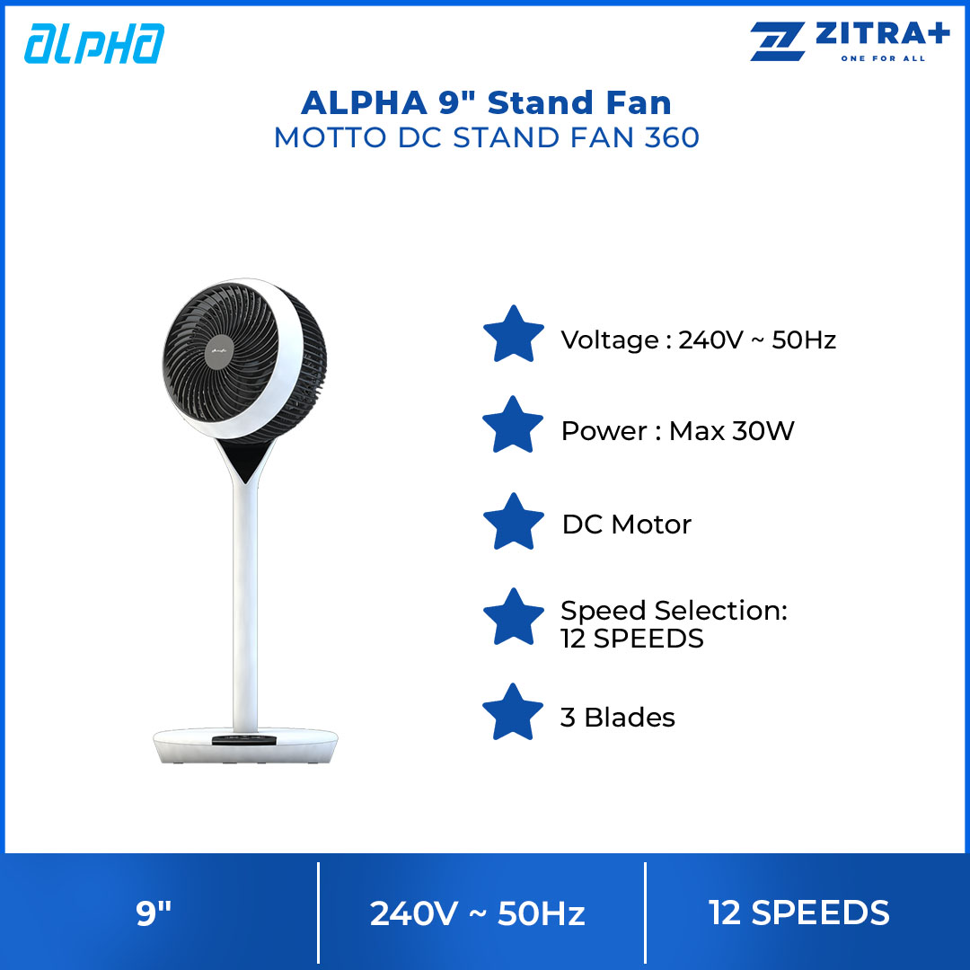 ALPHA 9" Stand Fan MOTTO DC STAND FAN 360 | Auto Swing | LED Display | 12 Fan Speed | 3 Blades | 360 Oscillation | Remote Control | Touch Panel | 4 Mode Settings | Stand Fan with 1 Year Warranty
