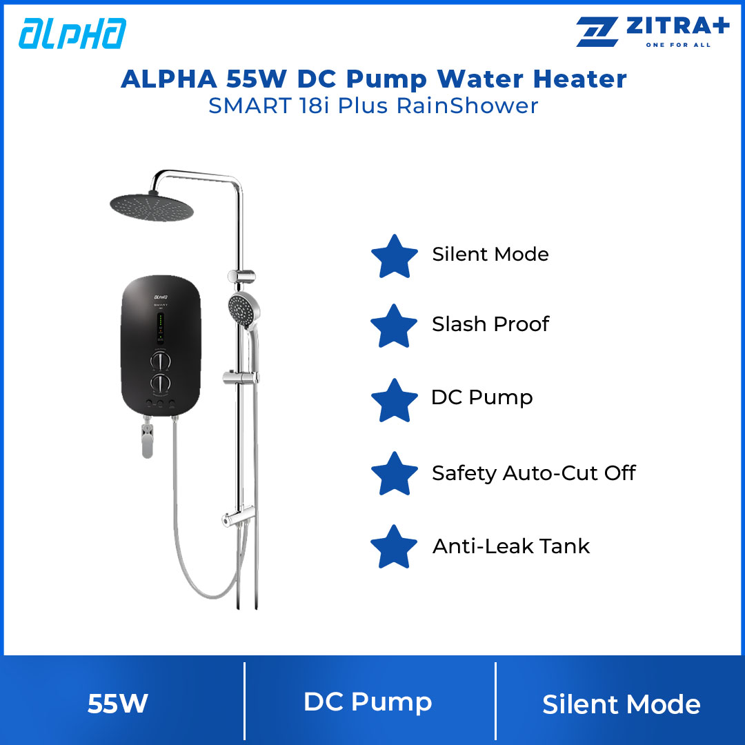 ALPHA 55W DC Pump Water Heater SMART 18i Plus RainShower | Energy Saving Mode | Slash Proof | Safety Thermal-Cut Off | Shock Proof | Silent Mode | Cooper Heater | Anti-Leak Tank | Water Heater with 1 Year Warranty