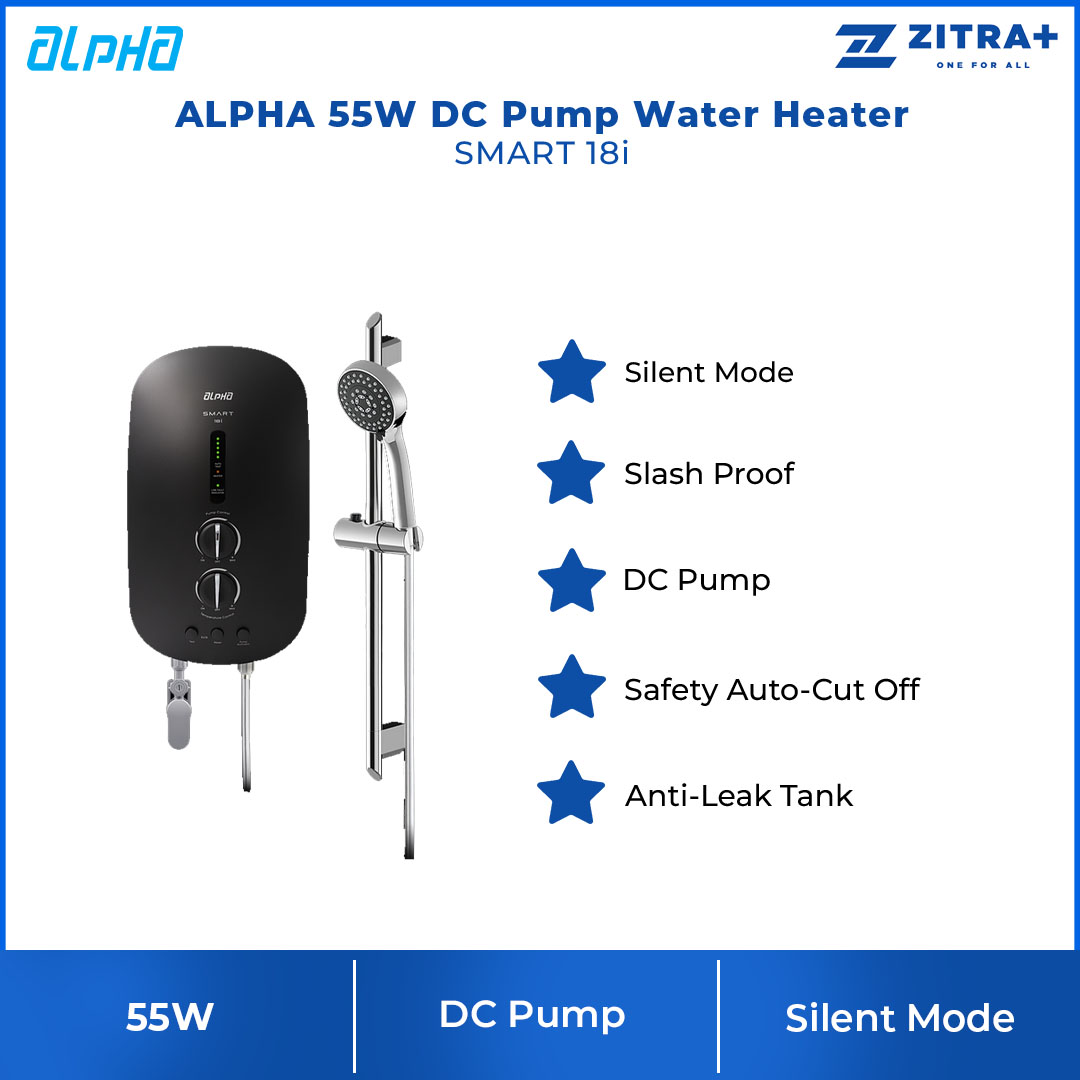 ALPHA 55W DC Pump Water Heater  SMART 18i | Energy Saving Mode | Slash Proof | Safety Auto-Cut Off | Silent Mode | Cooper Heater | Anti-Leak Tank |  Water Heater with 1 Year Warranty