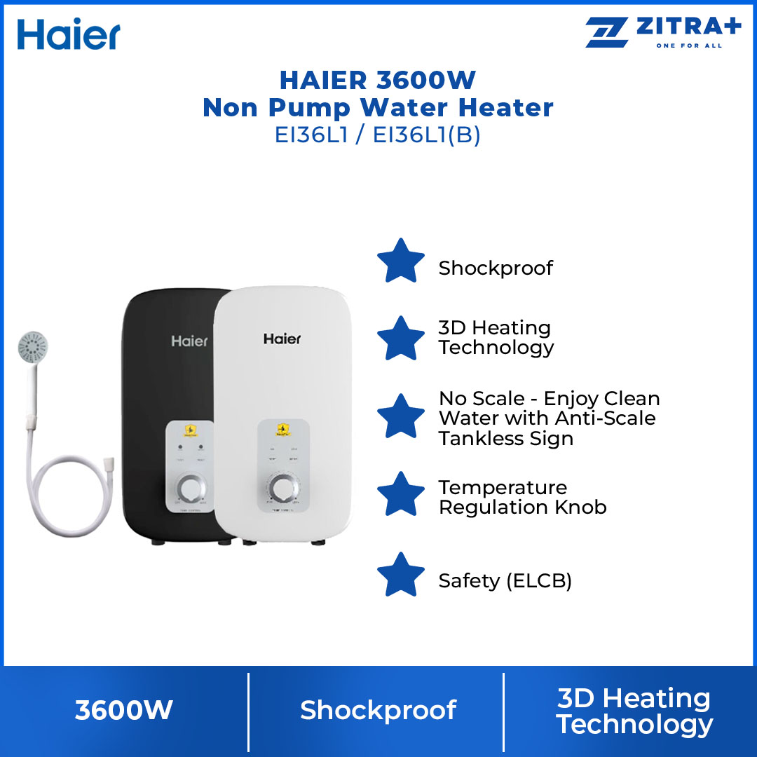 HAIER 3600W Non Pump Water Heater EI36L1(B)/EI36L1 | 3D Heating Technology | Dual Temperature Protection | Shockproof | Water Heater with 2 Year Warranty