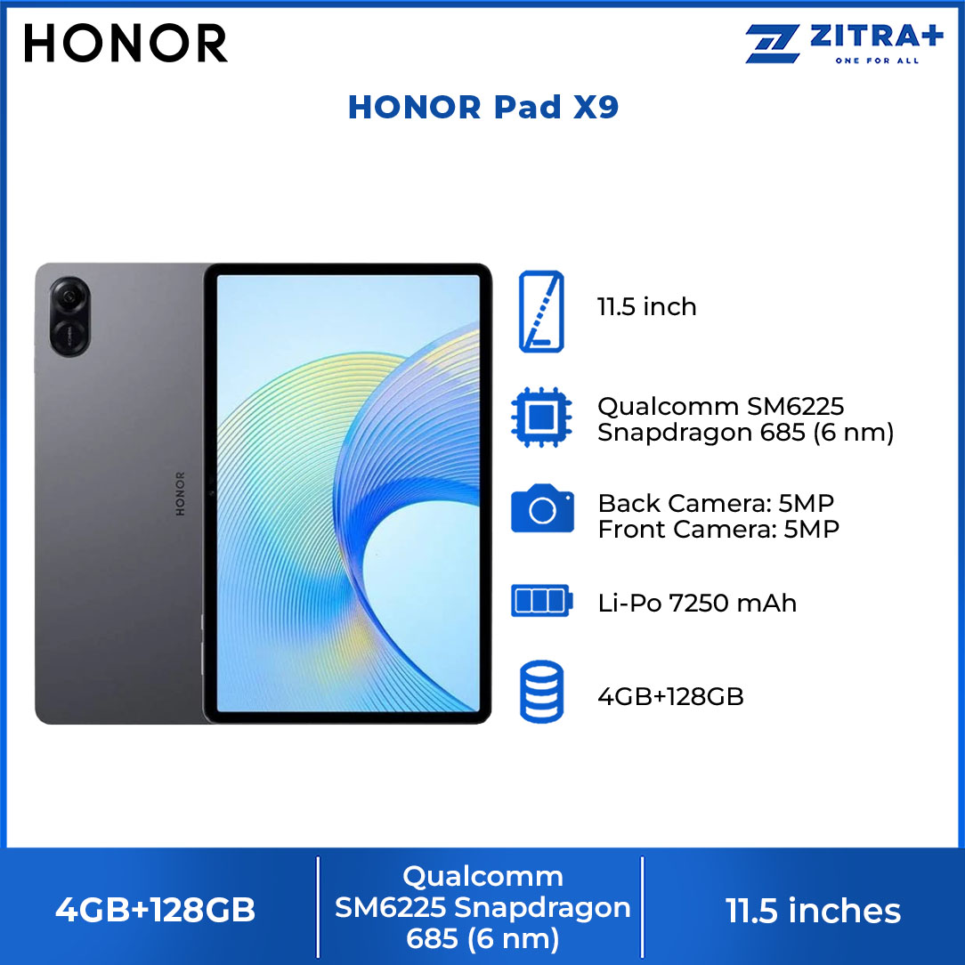 HONOR Pad X9 | 4GB+128GB | 11.5” Eye-Comfort Display | Qualcomm 6nm Snapdragon® 685 | Thin & Lightweight Body | 7250mAh Large battery | Tablet with 1 Year Warranty