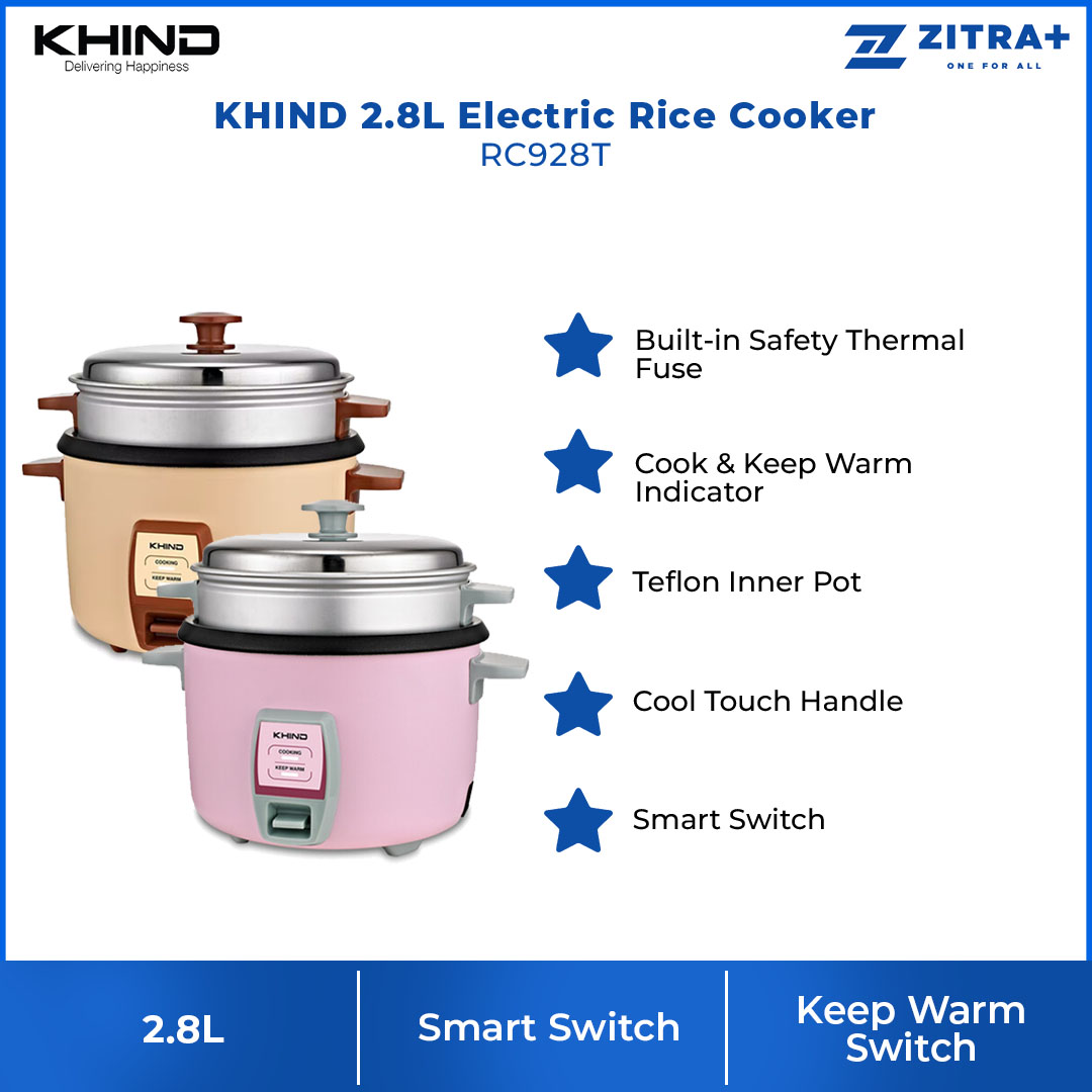 KHIND 2.8L Rice Cooker RC928T | FREE Steam Tray | Built-in Safety Thermal Fuse | Teflon Inner Pot | Cook & Keep Warm Indicator | Rice Cooker with 2 Years Warranty