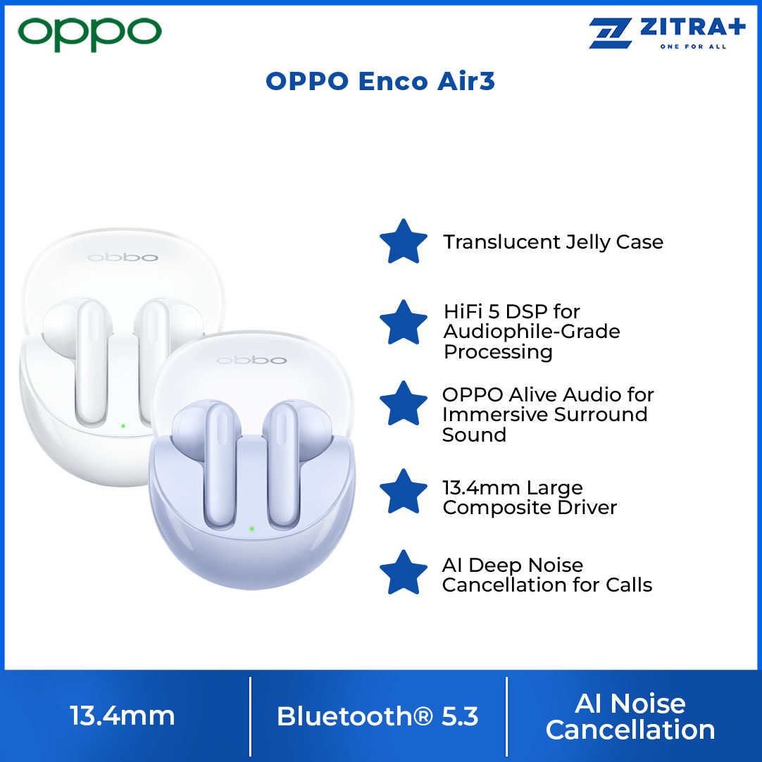 OPPO Enco Air3 | Translucent Jelly Case | HiFi 5 DSP for Audiophile-Grade Processing | 13.4mm Large Composite Driver | AI Deep Noise Cancellation for Calls | Binaural Low-latency with Bluetooth® 5.3 Transmission | Earbuds with 1 Year Warranty