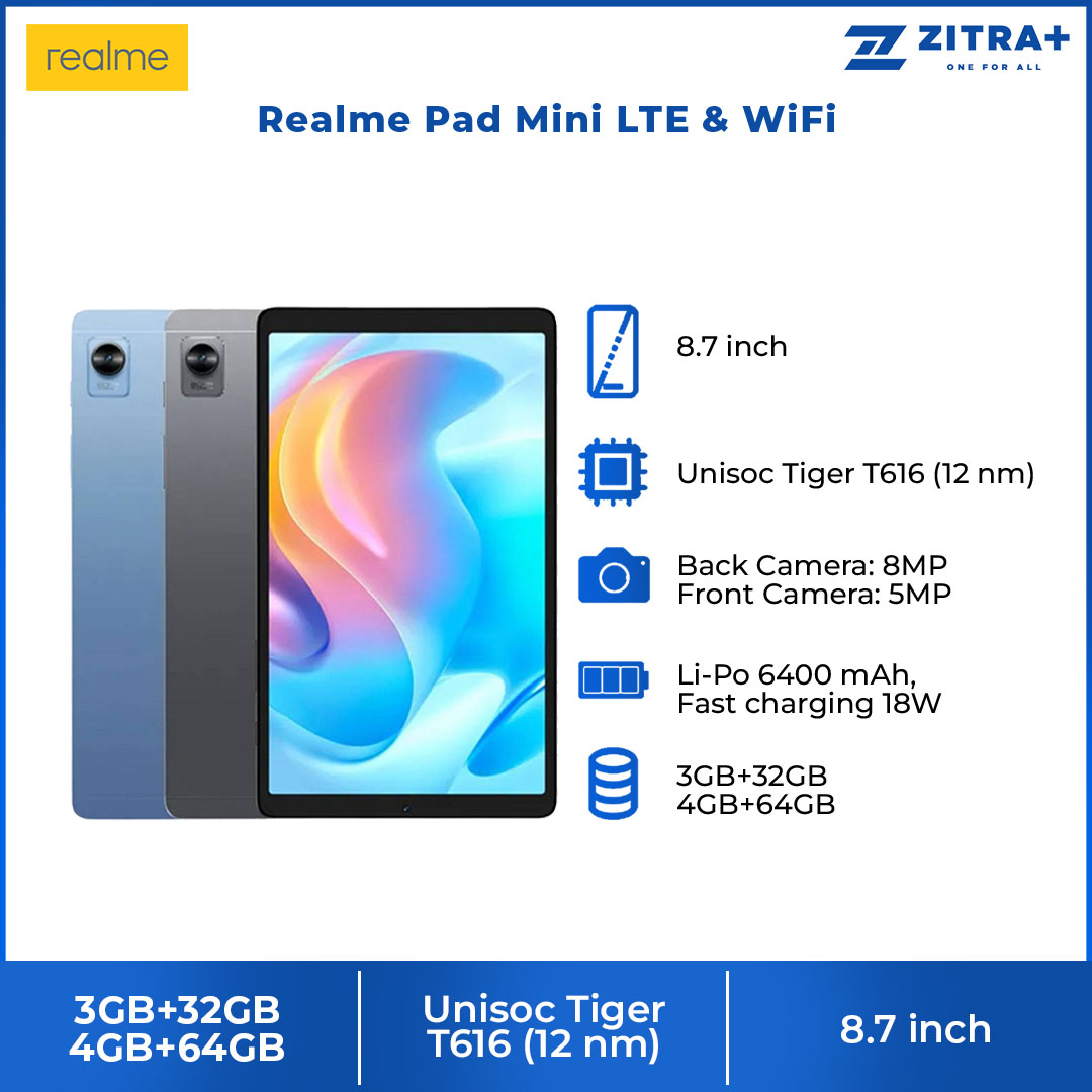 realme Pad Mini LTE & WiFi | 3GB+32GB / 4GB+64GB | 6400mAh Mega Battery | 8.7" Large Display | Unisoc T616 Processor | 18W Quick Charge | Ultra-Slim Design | Tablet with 1 Year Warranty