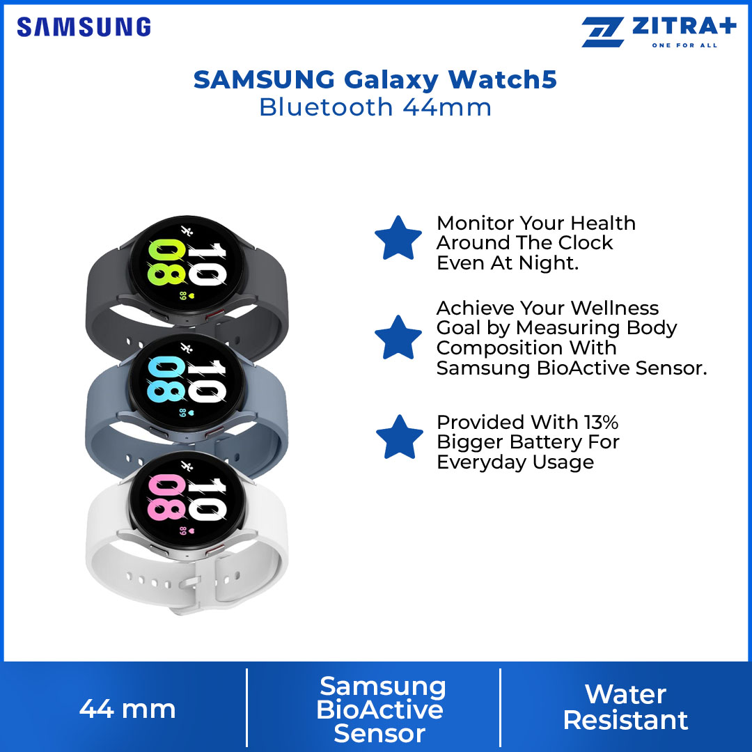 SAMSUNG Galaxy Watch5 Bluetooth 44mm | 1.4 Super AMOLED | 410mAh Battery | Heart Rate Sensor | Camera Controller | WiFi | NFC | GPS | Smart Watch with 1 Year Warranty