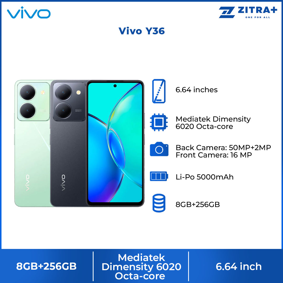 vivo Y36 | 8GB+256GB | Atmospheric Portrait | Funtouch OS 13 | Capacitive Multi-Touch | LCD Display | Bluetooth 5.1 | Fingerprint | E-Compass | Accelerometer | Smartphone  with 1 Year Warranty