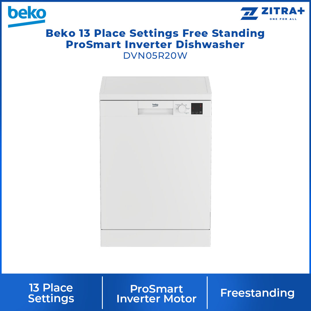 Beko 13 Place Settings Free Standing ProSmart Inverter Dishwasher DVN05R20W | Sliding Cutlery Basket | Sliding Detergent Dispenser | LED Display | Child Lock | Dish Washer with 2 Year Warranty