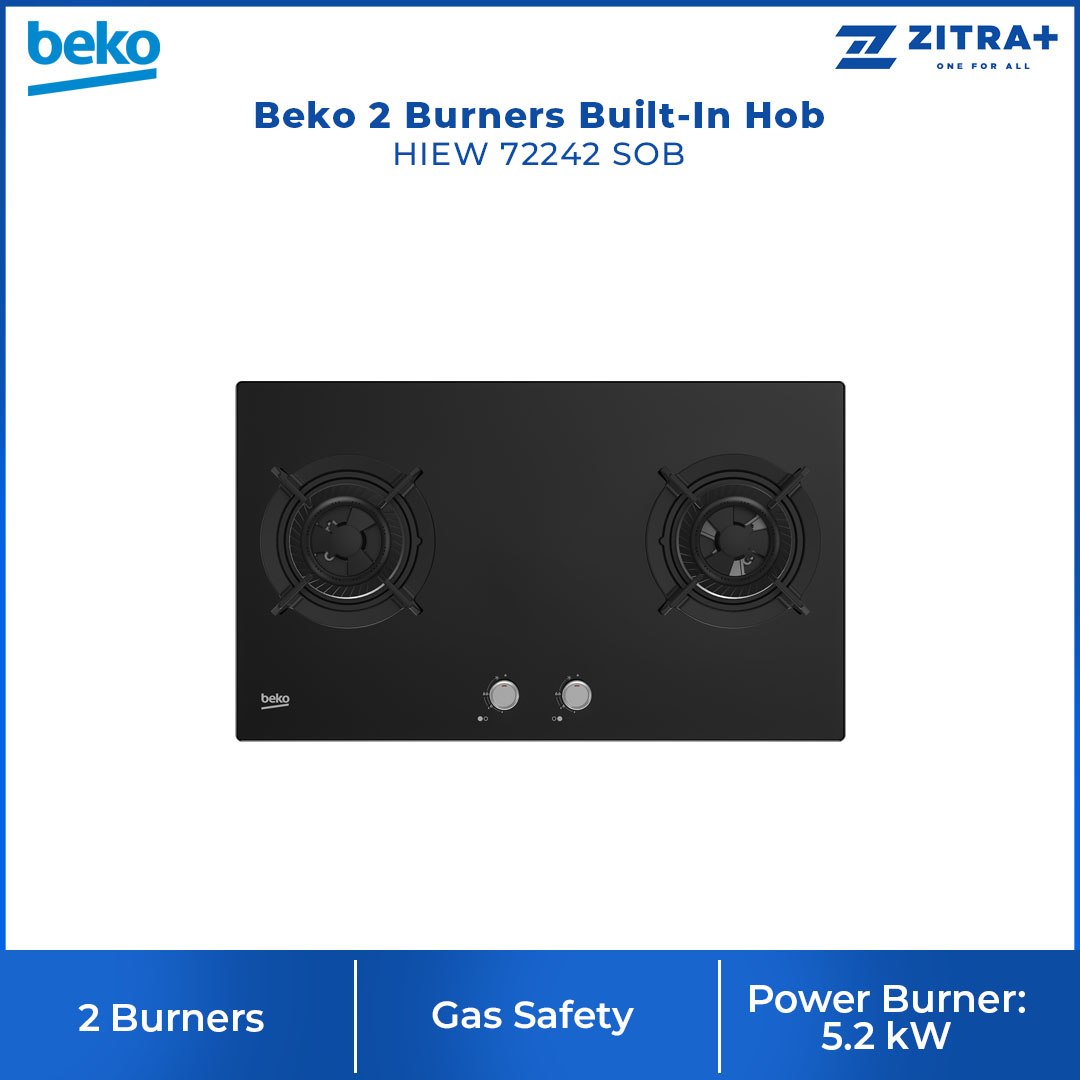 Beko 2 Burners Built-In Hob HIEW 72242 SOB | Automatic Gas Cut-off | Cast-iron Pan Support | Integrated Ignition | Built-In Hob with 2 Years Warranty