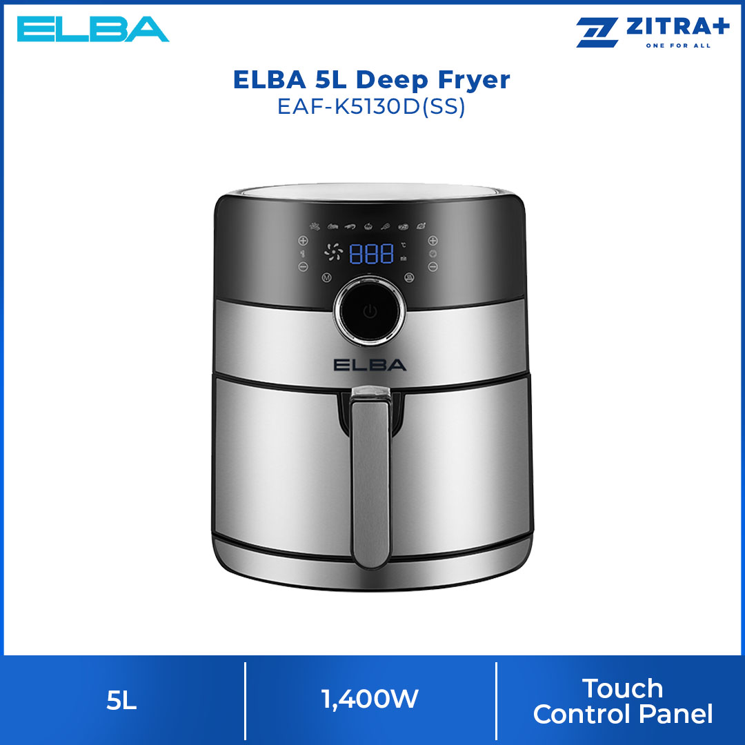 ELBA 5L Deep Fryer EAF-K5130D(SS) | 360° High Speed Hot Air Circulation Technology | Touch Control Panel | Variable Cooking Functions | Cool Touch Body and Grip Handle | Deep Fryer with 1 Year Warranty