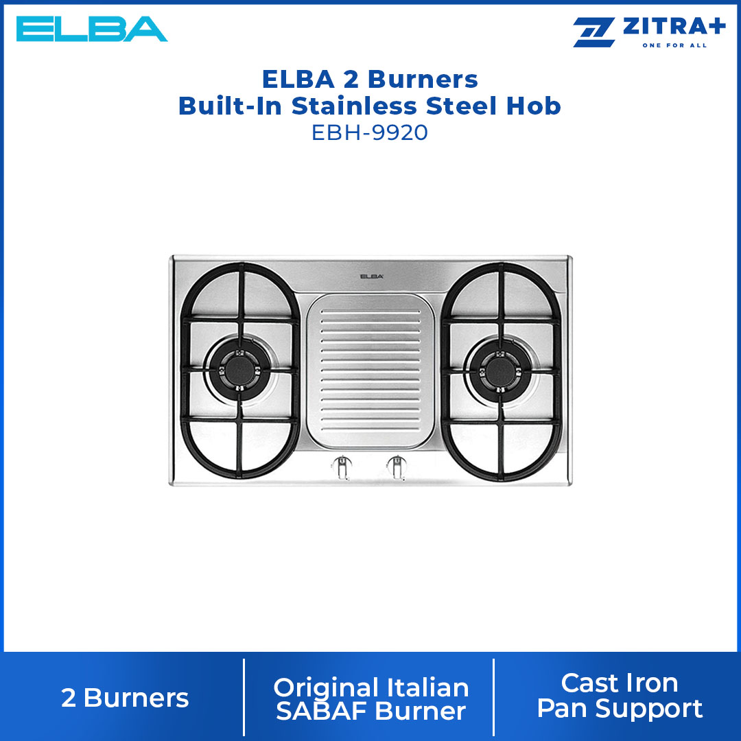 ELBA 2 burners Built-In Stainless Steel Hob EBH-9920 | Original Italian SABAF Burner | Cast Iron Pan Support | Safety Valve | Hob with 1 Year Warranty