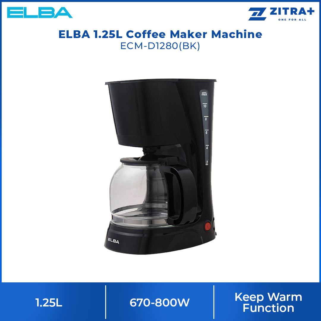 ELBA 1.25L Coffee Maker Machine ECM-D1280(BK) | Removable and Washable Filter Basket | Keep Warm Function | Anti-drip System | Coffee Maker Machine with 1 Year Warranty