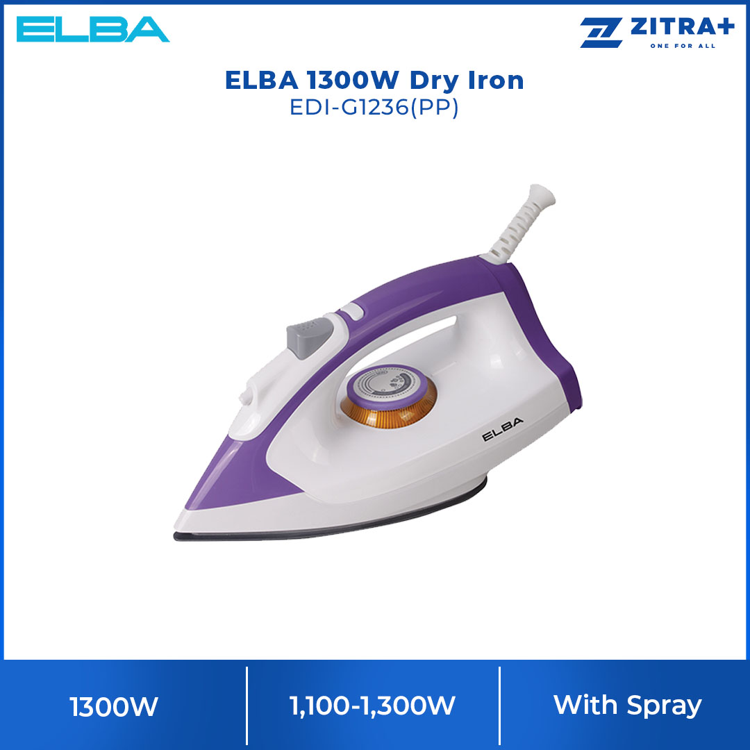ELBA 1300W Dry Iron EDI-G1236(PP) | With Spray Function | Non Stick Coating Soleplate | Adjustable Temperature Control Dial | Overheat Safety Protection | Iron with 1 Year Warranty