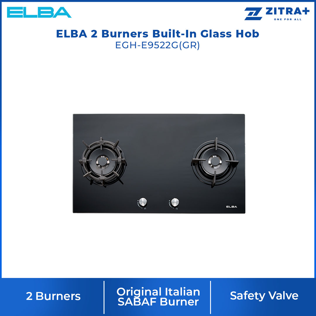 ELBA 2 burners Built-In Glass Hob EGH-E9522G(GR) | Original Italian SABAF Burner | Cast Iron Pan Support | Embraced Aluminium Frame Protection | Hob with 1 Year Warranty