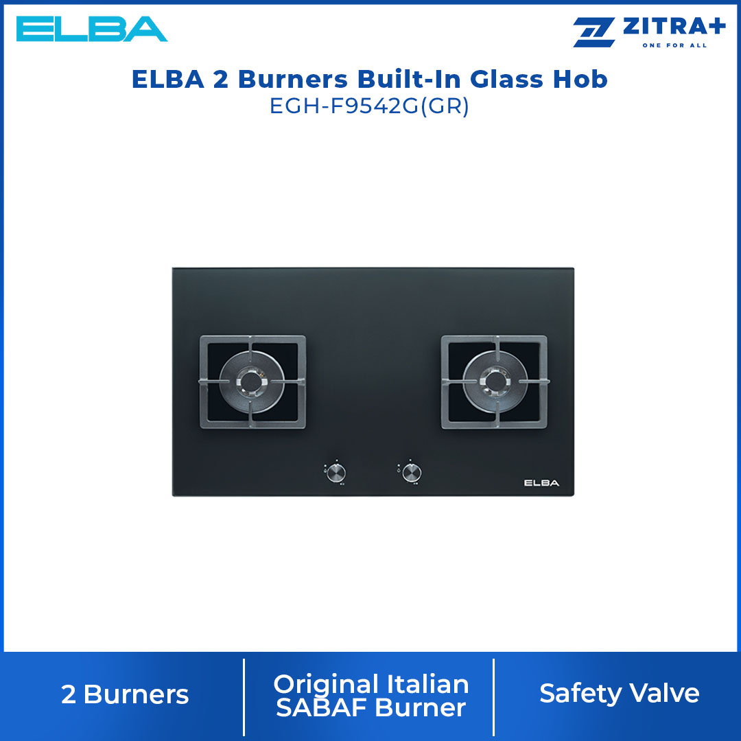 ELBA 2 Burners Built-In Glass Hob EGH-F9542G(GR) | Original Italian SABAF Burner | Cast Iron Pan Support | Embraced Aluminium Frame Protection | Hob with 1 Year Warranty