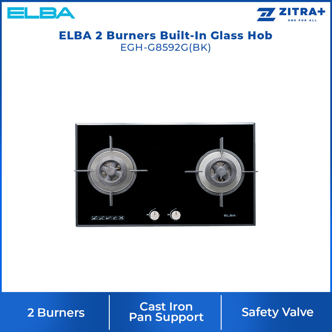 ELBA 2 burners Built-In Glass Hob EGH-G8592G(BK) | Cast Iron Pan Support | Safety Valve | Mirror Edges Design | Built-in Hob with 1 Year Warranty