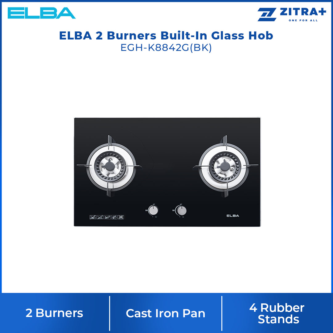 ELBA 2 Burners Built-In Glass Hob EGH-K8842G(BK) | Battery Auto Ignition System | 4 Rubber Stands for Freestanding | High Quality Tempered Glass | Cast Iron Pan Support and Wok Stand | Gas Cooker Hub with 1 Year Warranty