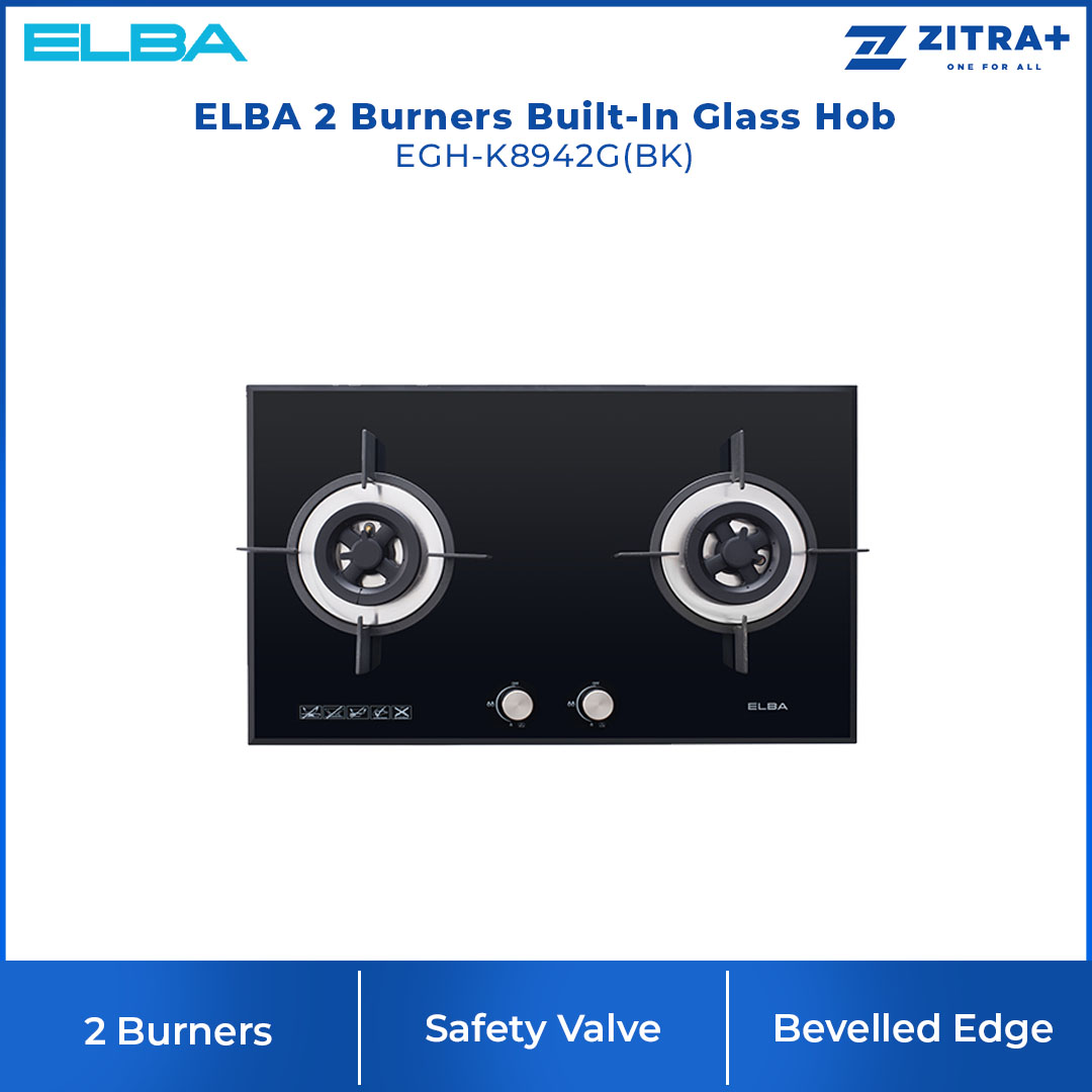 ELBA 2 Burners Built-In Glass Hob EGH-K8942G(BK) | Safety Valve | High Quality Tempered Glass | Cast Iron Pan Support | Bevelled Edges Design | Hob with 1 Year Warranty