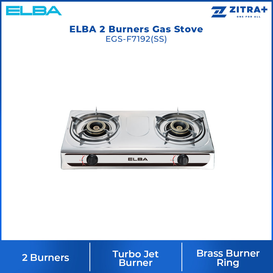 ELBA 2 Burners Gas Stove EGS-F7192(SS) | Turbo Jet Burner | Brass Burner Ring | Chrome Coated Pan Support | Gas Stove with 1 Year Warranty