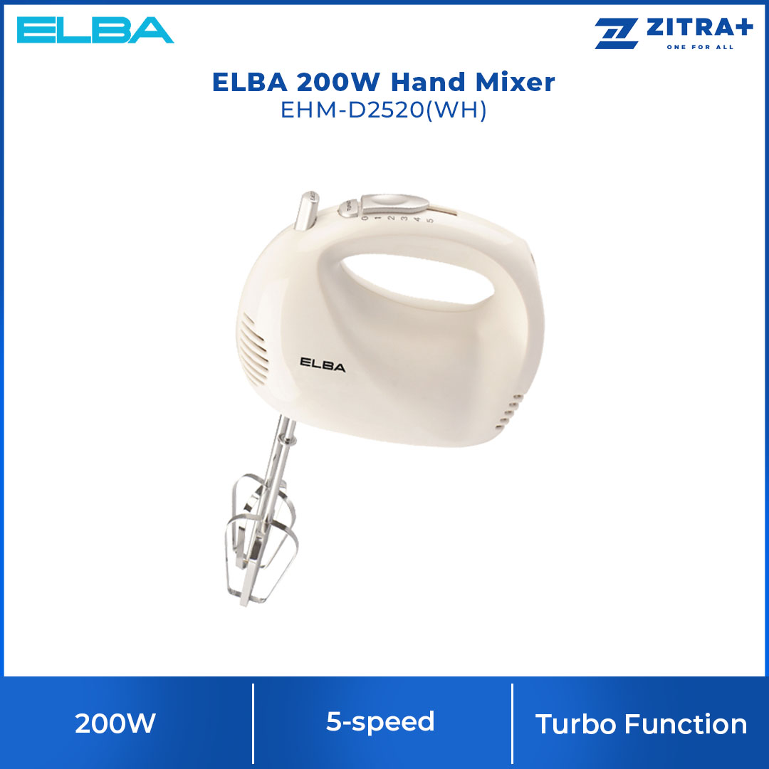 ELBA 200W Hand Mixer EHM-D2520(WH) | Included Beaters and Dough Hooks | Turbo Function | 5 Speeds | Eject Function | Hand Mixer with 1 Year Warranty