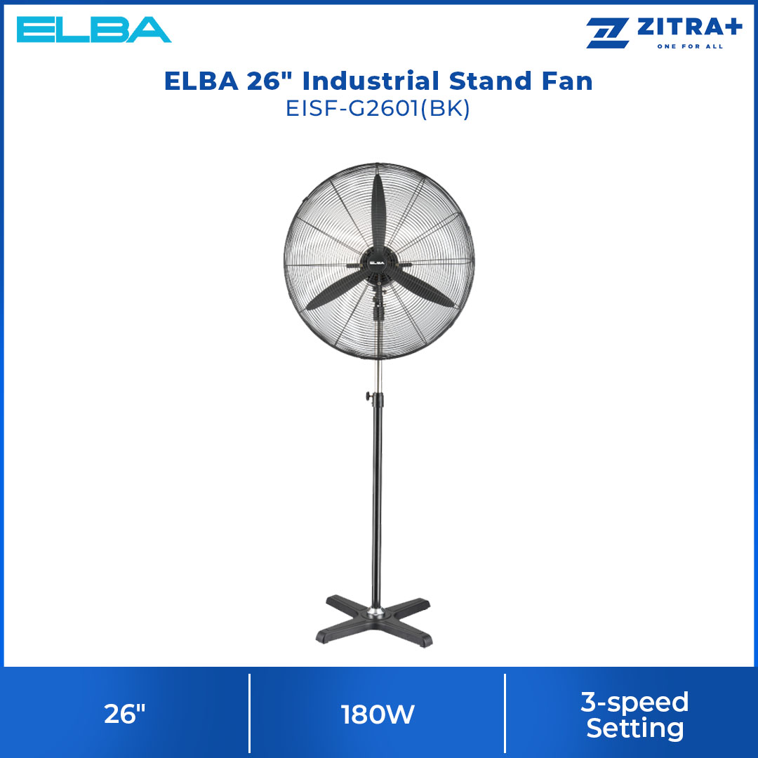 ELBA 26" Industrial Stand Fan EISF-G2601(BK) | 3-speed Setting | Built-in Safety Thermal Fuse | Adjustable Height | Tilt Angle Control and Wide Oscillation Angle | Industrial Stand Fan with 1 Year Warranty