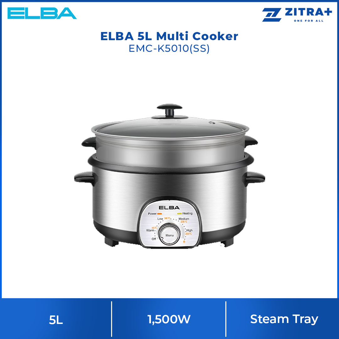 ELBA 5L Multi Cooker EMC-K5010(SS) | 6-in-1 Cooking Function | Power : 1,500W | Comes with Steam Tray | Removable Non-stick Inner Pot | Multi Cooker with 1 Year Warranty