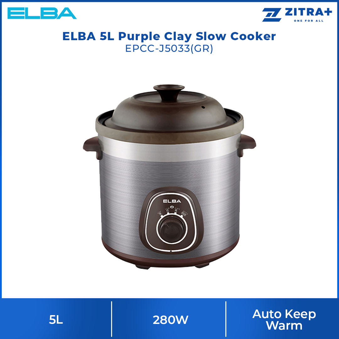 ELBA 5L Purple Clay Slow Cooker EPCC-J5033(GR) | Purple Clay Stoneware Inner Pot and Lid | Power : 280W | Suspension Type 3D Heating | Slow Cooker with 1 Year Warranty