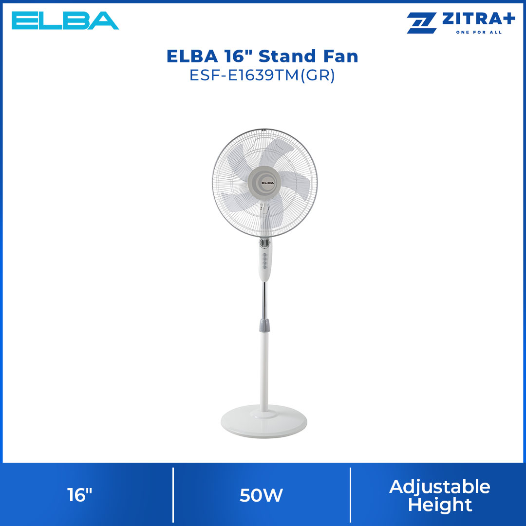 ELBA 16" Stand Fan ESF-E1639TM(GR) | 5 Transparent AS Blades | Adjustable Height | Thermal Safety Fuse | Whisper Quiet Self Lubricating Motor | Stand Fan with 1 Year Warranty
