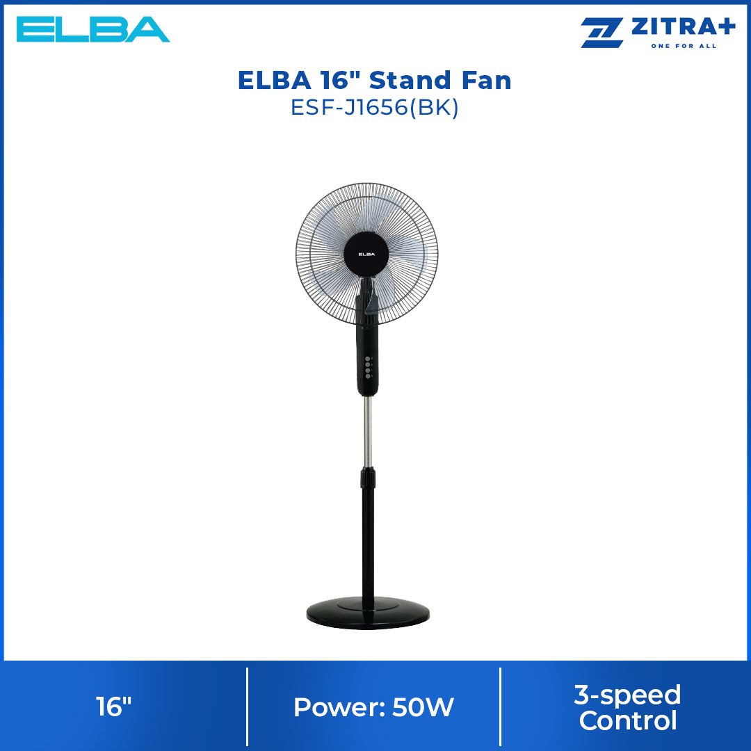 ELBA 16" Stand Fan ESF-J1656(BK) | 5 Transparent AS Blades | Whisper Quiet Self Lubricating Motor | 3-speed Control | Thermal Safety Fuse | Stand Fan with 1 Year Warranty