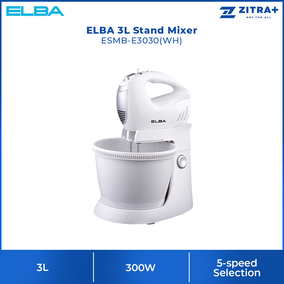 ELBA 3L Stand Mixer ESMB-E3030(WH) | With Turnable Stand Bowl | 5-speed | Included Beaters, Dough Hooks, Stand Bowl | Stand Mixer with 1 Year Warranty