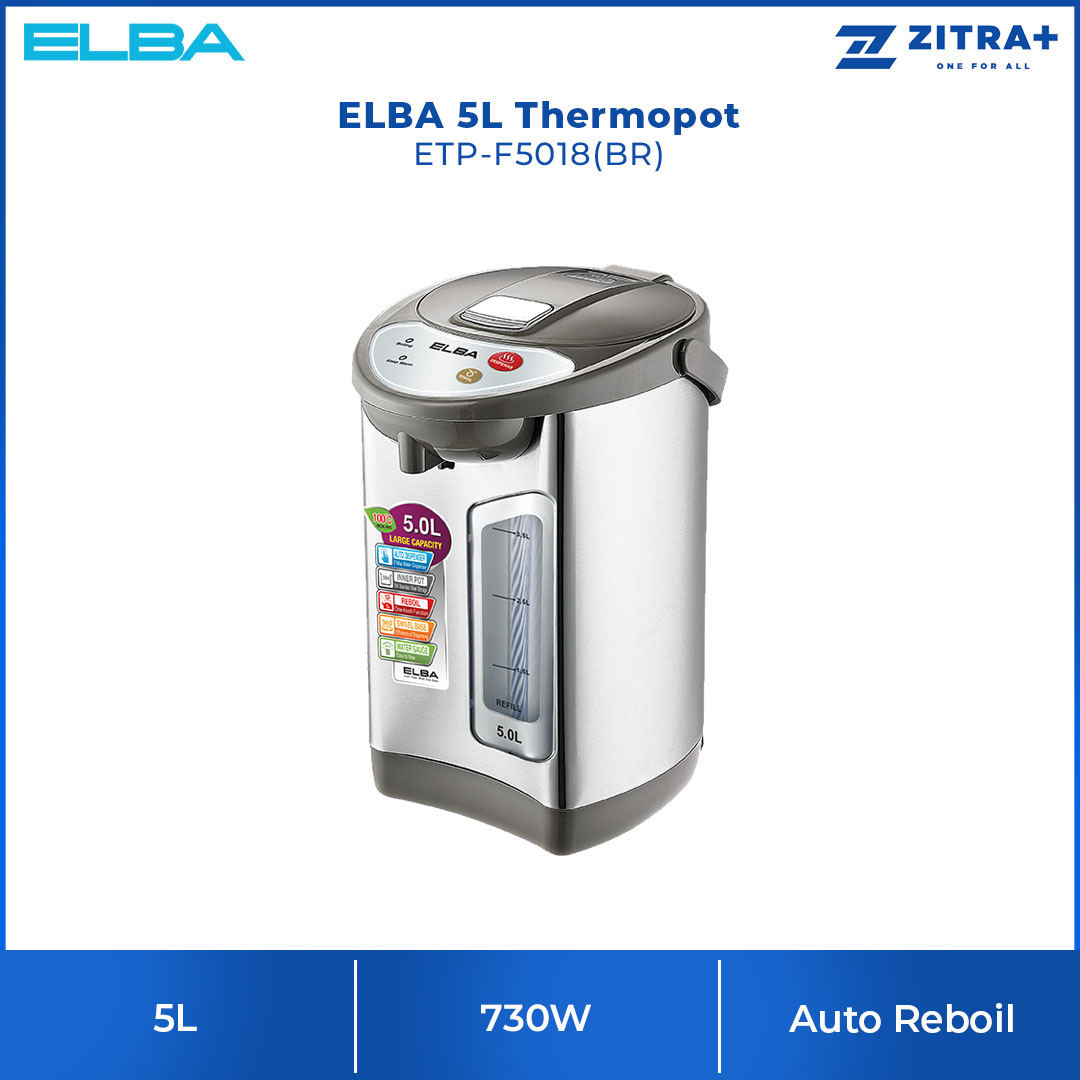 ELBA 5L Thermopot ETP-F5018(BR) | Dry-boiled Protection | 304 Stainless Steel Inner Pot | Auto Reboil | Thermo Pot with 1 Year Warranty