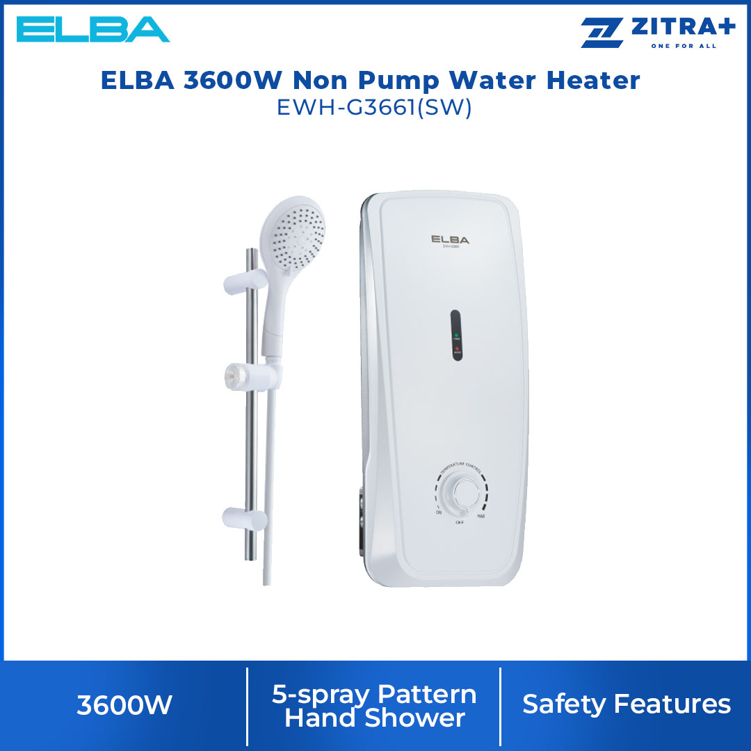 ELBA 3600W Non Pump Water Heater EWH-G3661(SW) | 5-spray Pattern Hand Shower | Splash Proof Protection (IP25 Standard) | Extra Safety DPDT | Water Heater with 1 Year Warranty