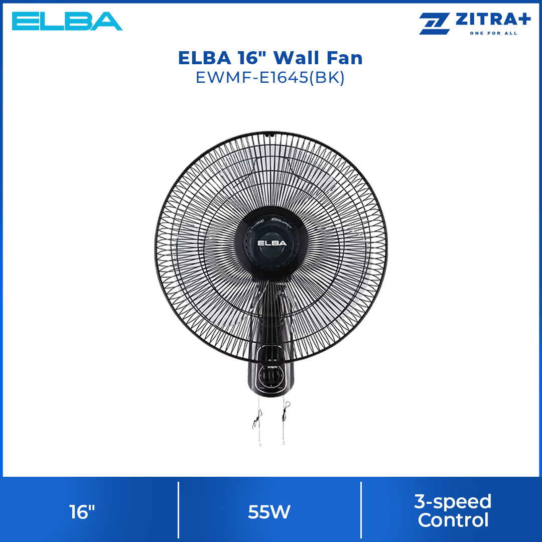 ELBA 16" Wall Fan EWMF-E1645(BK) | 3 Transparent ABS Blade | 3-speed Control | Thermal Safety Fuse | Whisper Quiet Self Lubricating Motor | Wall Fan with 1 Year Warranty