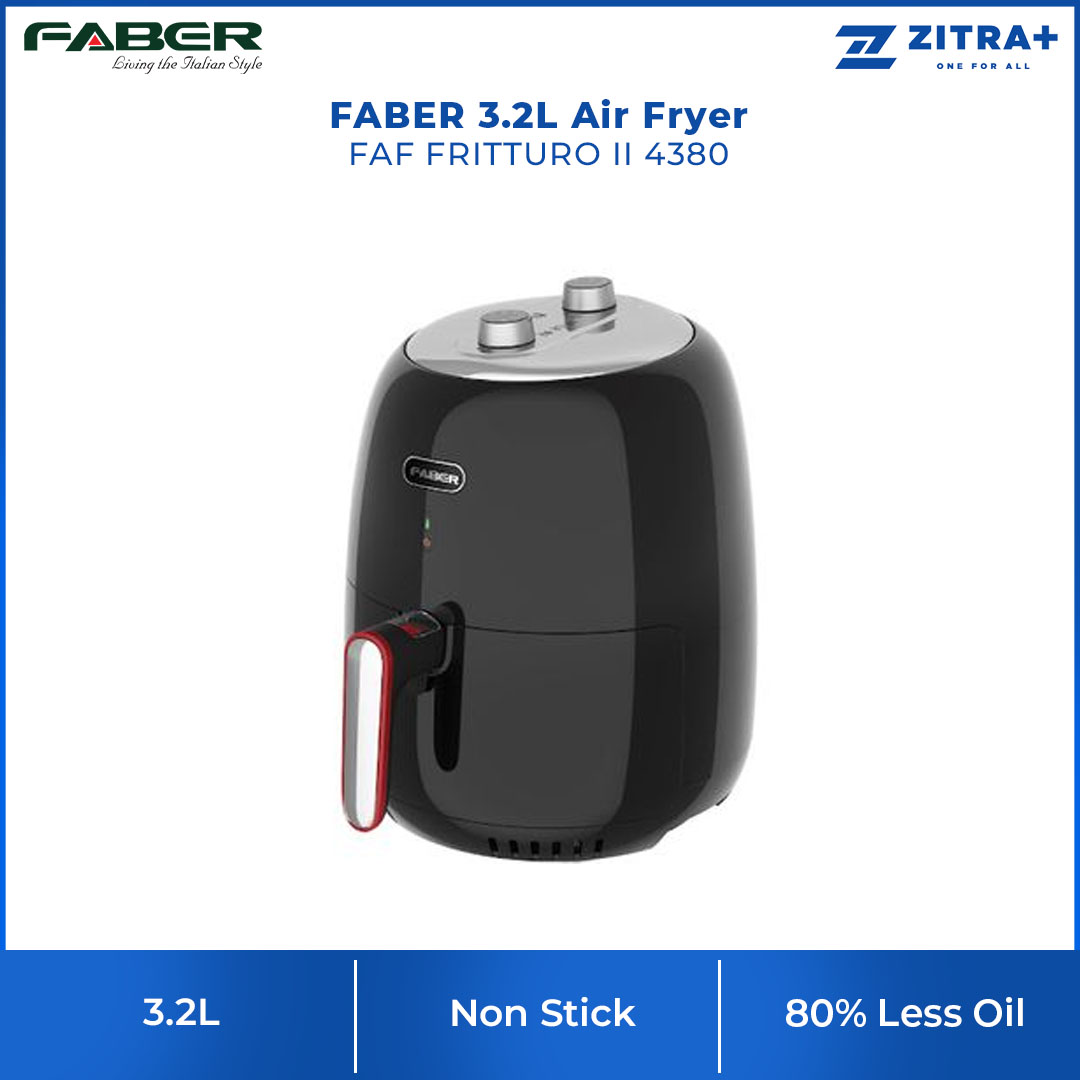 FABER 3.2L Air Fryer FAF FRITTURO II 4380 | 30 Minute Manual Timer | 80% Less Oil with Same Great Taste | Non Stick Food Pot & Food Basket | Air Fryer with 1 Year Warranty