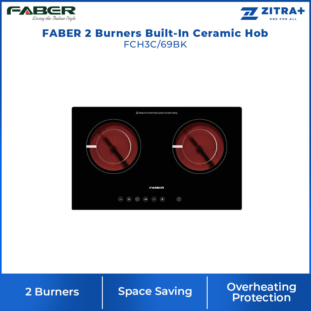 FABER 2 Burners Built-In Ceramic Hob FCH3C/69BK | Touch Sensor Control Panel | Easy to clean | Electronic overheating protection |  Ceramic Hob with 1 Year Warranty