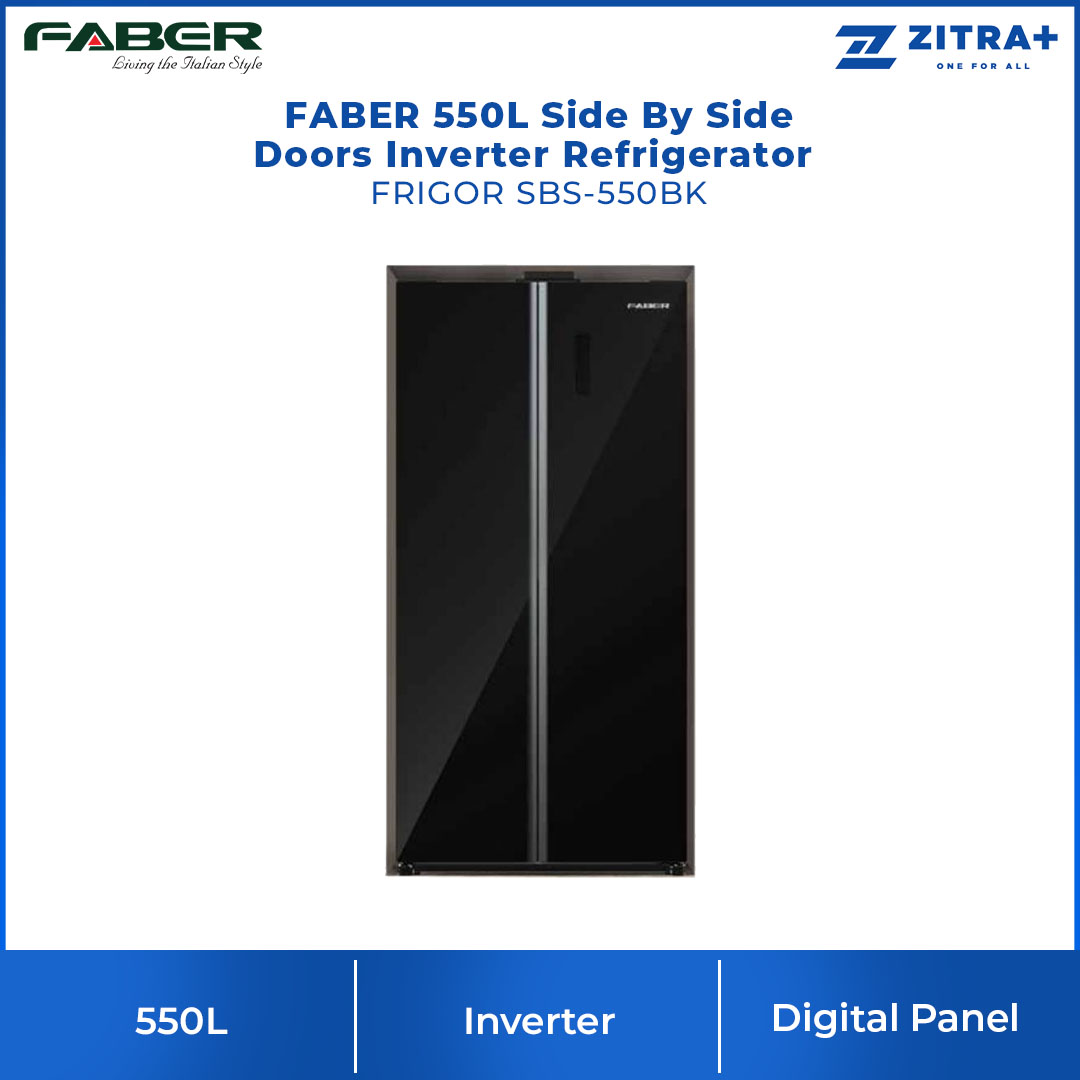 FABER 550L Side By Side Doors Inverter Refrigerator FRIGOR SBS-550BK | Climate Class : T | Inverter | Digital Panel | Recessed Handle | Refrigerator with 1 Year General & 5 Years Motor Warranty