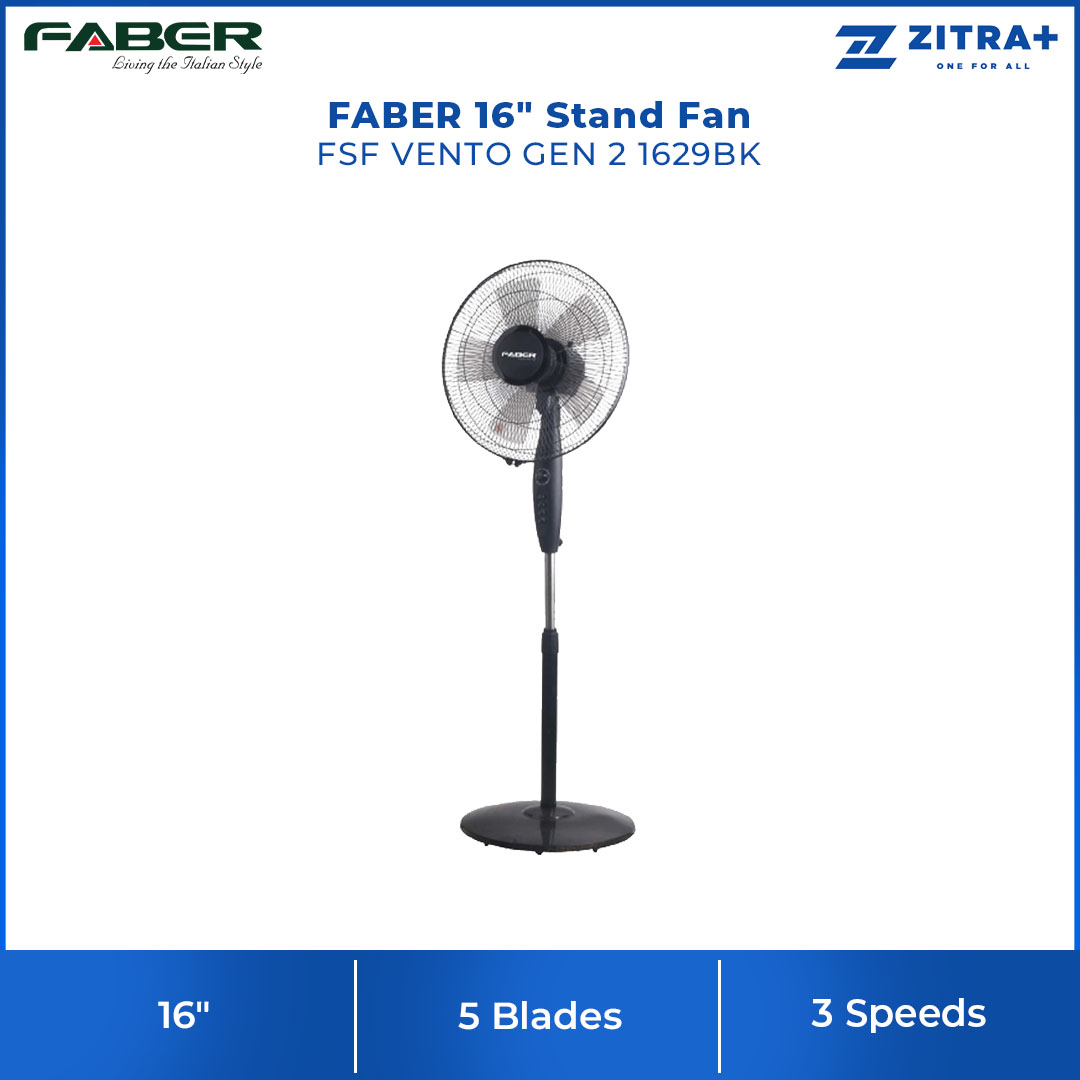 FABER 16" Stand Fan FSF VENTO GEN 2 1629BK | 3 Speed Selection | 5 Blades | 60Min Timer | 100% Copper Motor | Stand Fan with 1 Year Warranty