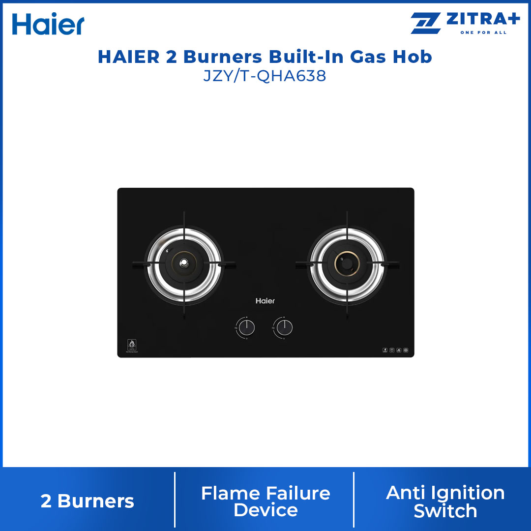 HAIER 2 Burners Built-In Gas Hob JZY/T-QHA638 | Anti Dry Sensor | 8mm Tempered Glass | Copper Burner | Auto Ignition Switch | Gas Hob with 2 Year Warranty