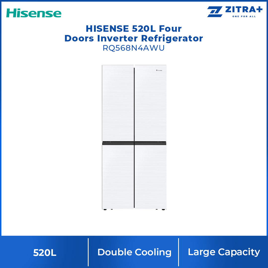 HISENSE 520L Four Doors Inverter Refrigerator RQ568N4AWU | Double Cooling | Metal-Tech Cooling | Metal Glide Drawer | Led Lighting | Refrigerator with 3 Years Warranty