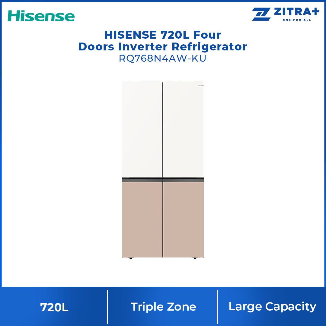 HISENSE 720L Four Doors Inverter Refrigerator RQ768N4AW-KU | Triple Zone | Metal-Tech Cooling | Metal Glide Drawer | Led Lighting | Refrigerator with 3 Years Warranty