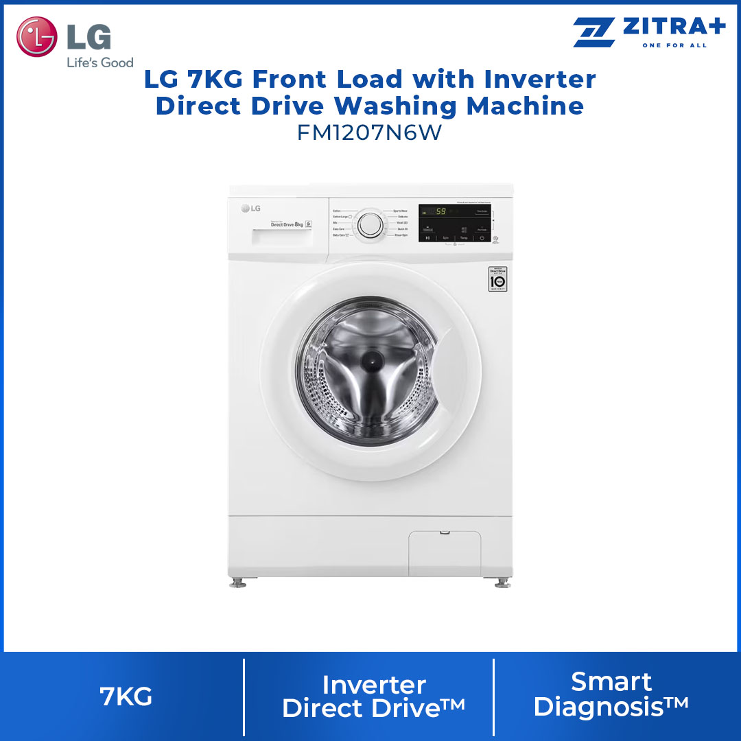 LG 7KG Front Load with Inverter Direct Drive Washing Machine FM1207N6W | 6Motion DD | Smart Diagnosis™ | Standby Power Zero | Washing Machine with 1 Year Warranty
