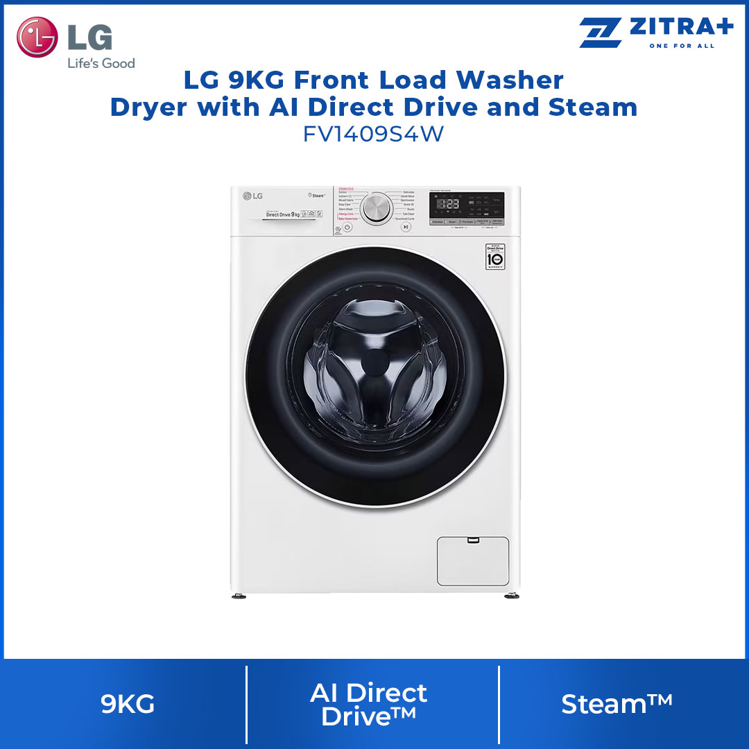 LG 9KG Front Load Washer with AI Direct Drive and Steam FV1409S4W  | Wifi | 6 Motion | Allergy Care | Quick 30 | Smart Diagnosis | Easy Care | Tub Clean | Cotton+ | Delicate | Silent Wash | Washer Dryer with 1 Year Warranty