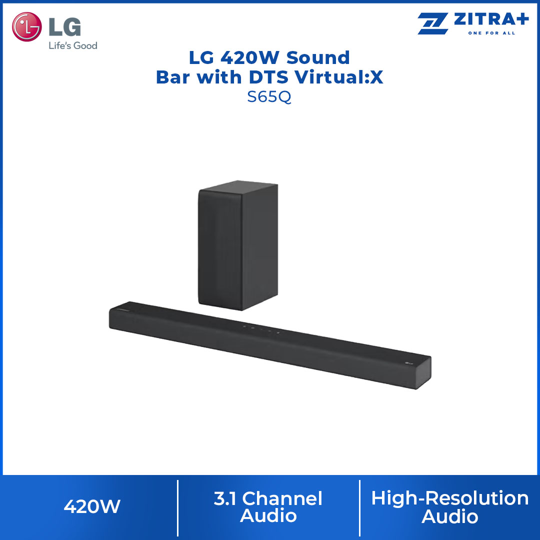 LG 420W Sound Bar with DTS Virtual:X S65Q | AI Sound Pro | Meridian | 3.1 Channel Audio | Sound Bar with 1 Year Warranty