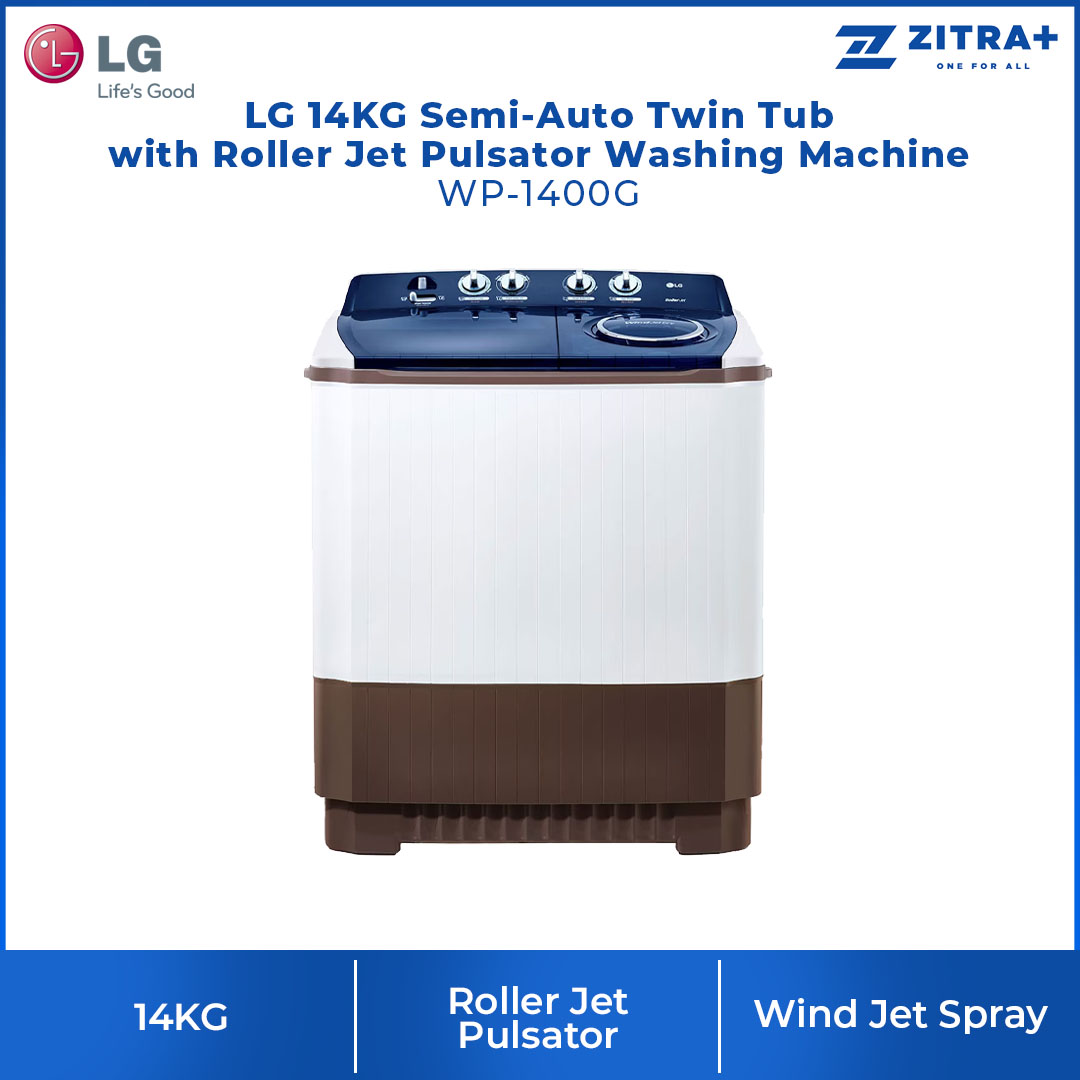 LG 14KG Semi-Auto Twin Tub with Roller Jet Pulsator Washing Machine WP-1400G | Wind Jet Spray | 3 Washing program | Rat Away Technology | Washing Machine with 1 Year Warranty