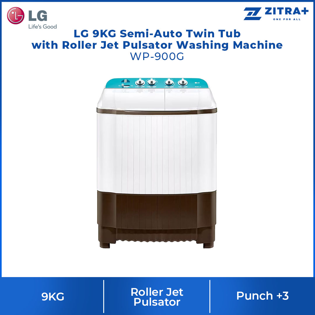 LG 9KG Semi-Auto Twin Tub with Roller Jet Pulsator Washing Machine WP-900G | Punch +3 | Wind Jet Spray | 3 Wash Program | Washing Machine with 1 Year Warranty